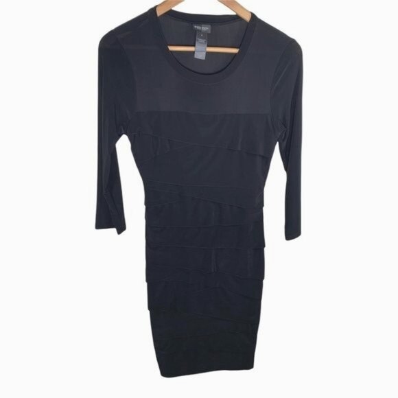 Bisou Bisou Black Tiered Bodycon Dress Women’s 6 Stretch 3/4 Sleeve Cocktail - Picture 1 of 8